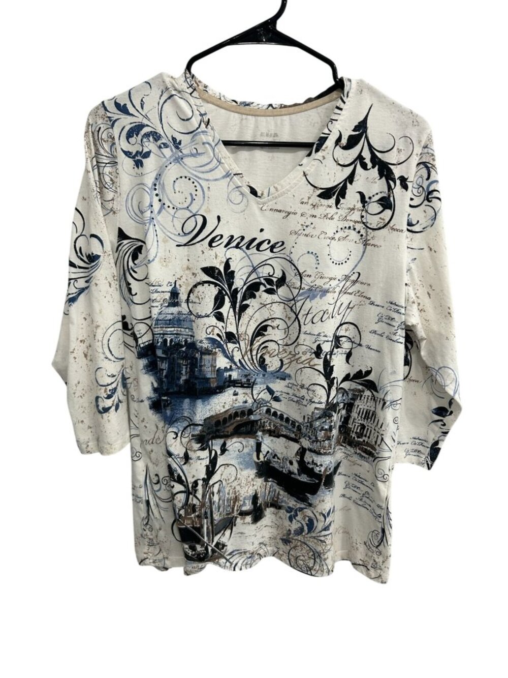 Alia Large Venice Italy Graphic V-Neck 3/4 Sleeve Top Retro Parisian Aesthetic